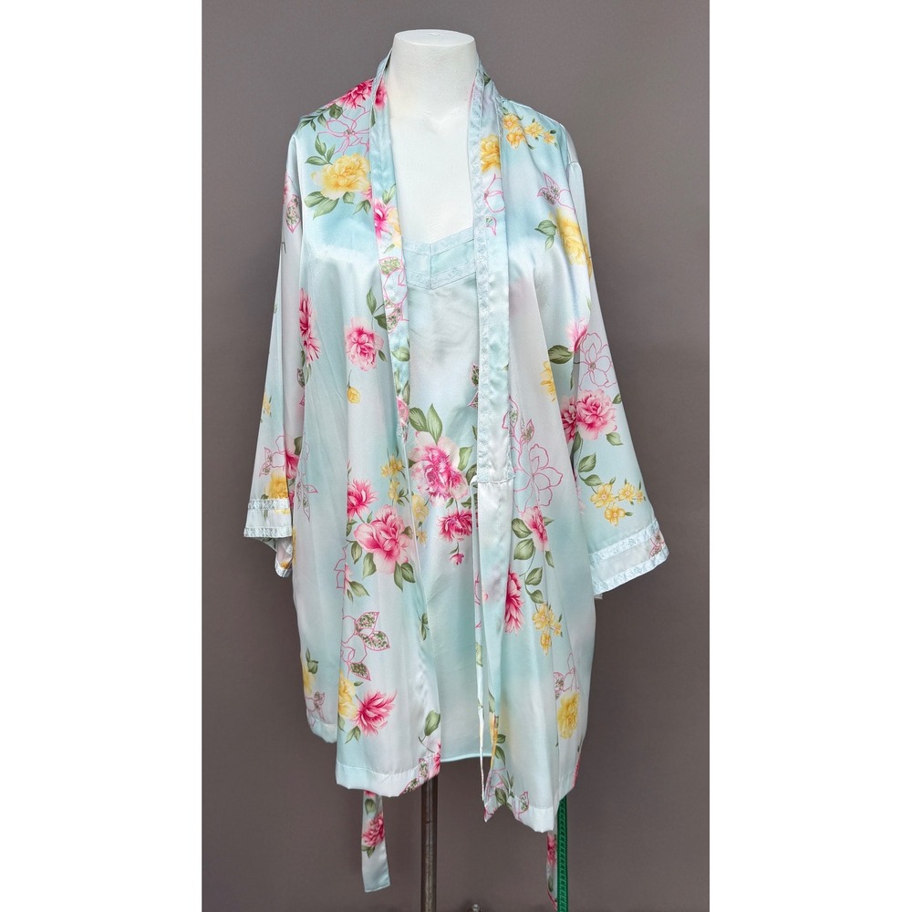 Morgan Taylor Robe Chemise S/M Blue Floral Satin Lace Lingerie Set 2pc Intimates